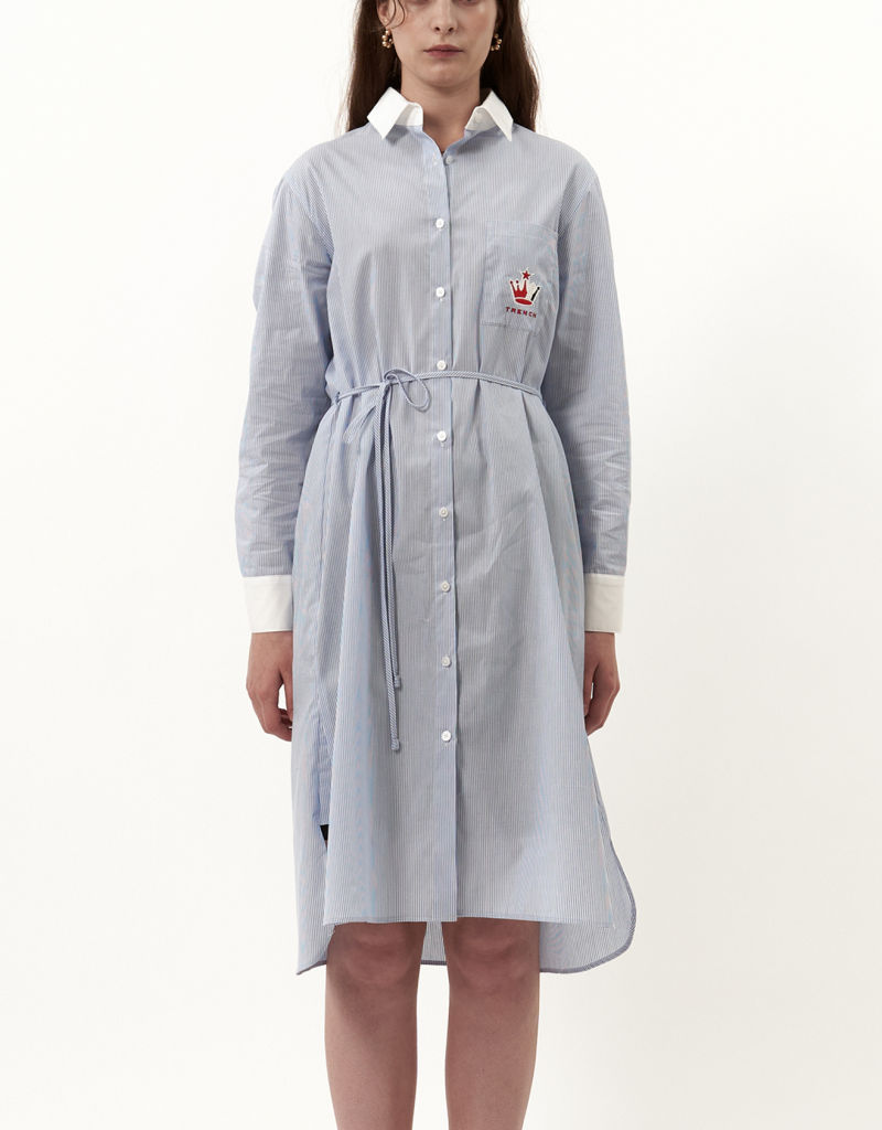 蓝色条纹长款衬衫连衣裙 (Blue stripe long shirt dress)
